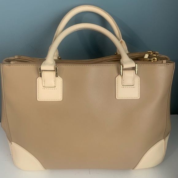 Tory Burch Robinson Tote Saffiano Leather Two Tone Beige Ivory Purse Crossbody - Picture 2 of 16